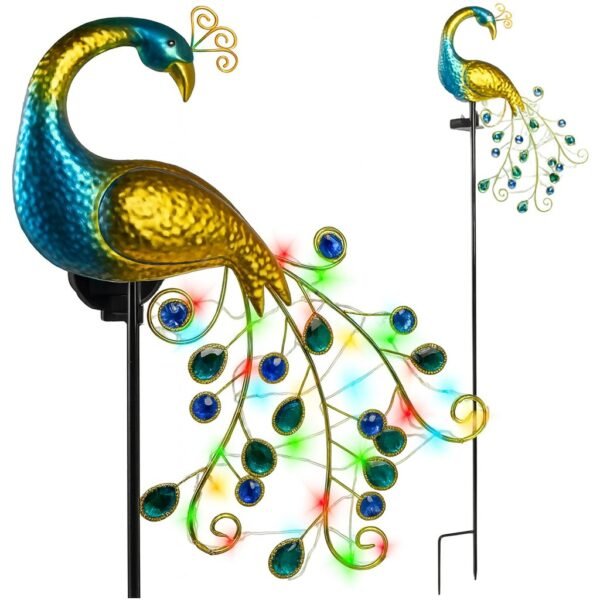 Paon décoratif solaire avec LED multicolore, sculpture métallique de jardin sur piquet