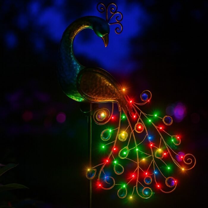 Lampe de jardin solaire paon 40 LED éclairage multicolore ambiance nocturne
