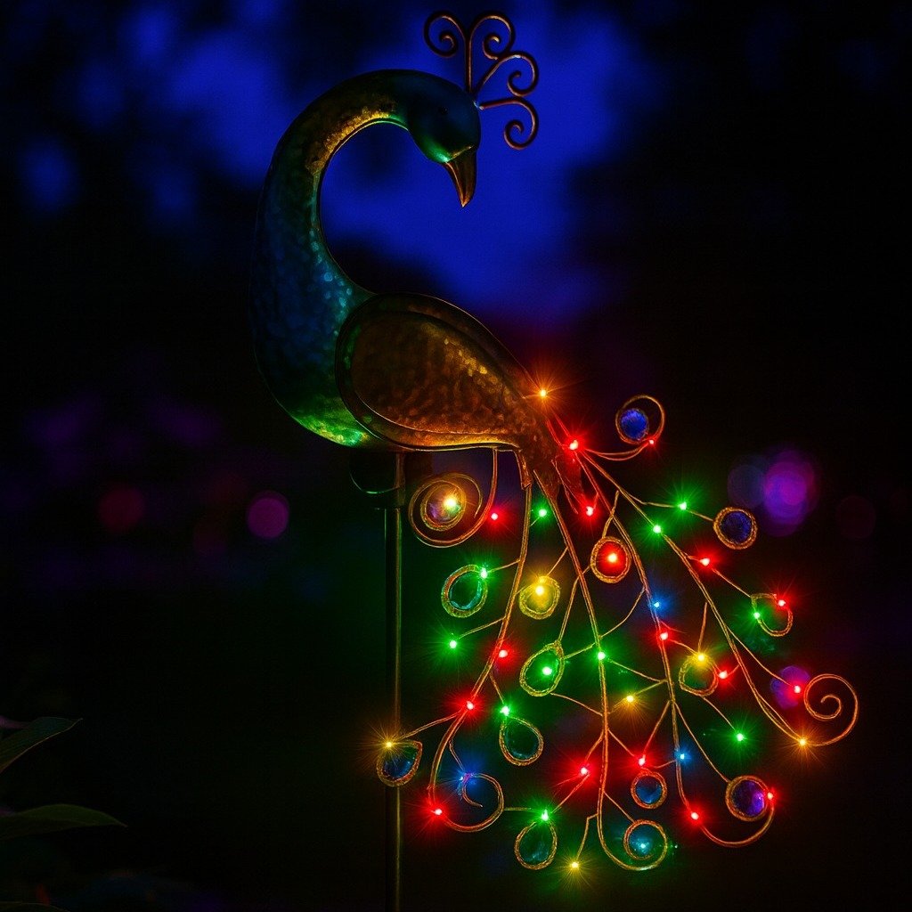 Lampe de jardin solaire paon 40 LED éclairage multicolore ambiance nocturne