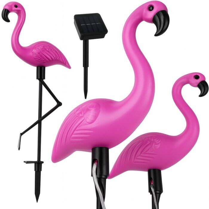 Lampes solaires flamants roses avec panneau solaire – lot de 3 décorations de jardin LED à planter, éclairage extérieur autonome