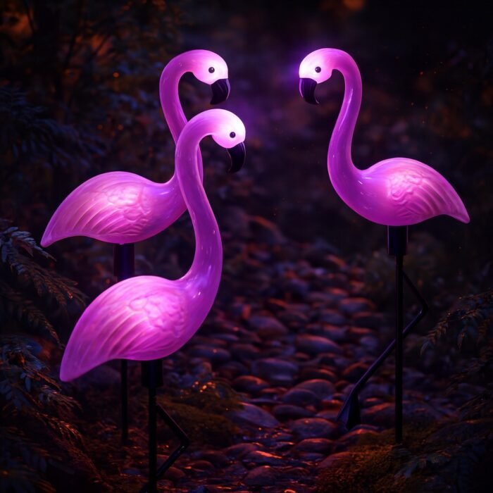 Lampes solaires flamants roses allumées dans un jardin la nuit – éclairage décoratif LED extérieur avec effet lumineux rose