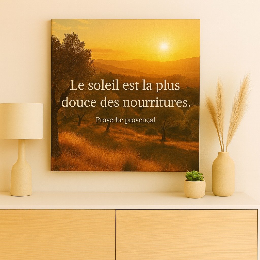 Toile murale paysage provençal au coucher de soleil avec oliviers et citation Le soleil est la plus douce des nourritures - décoration chaleureuse inspirante