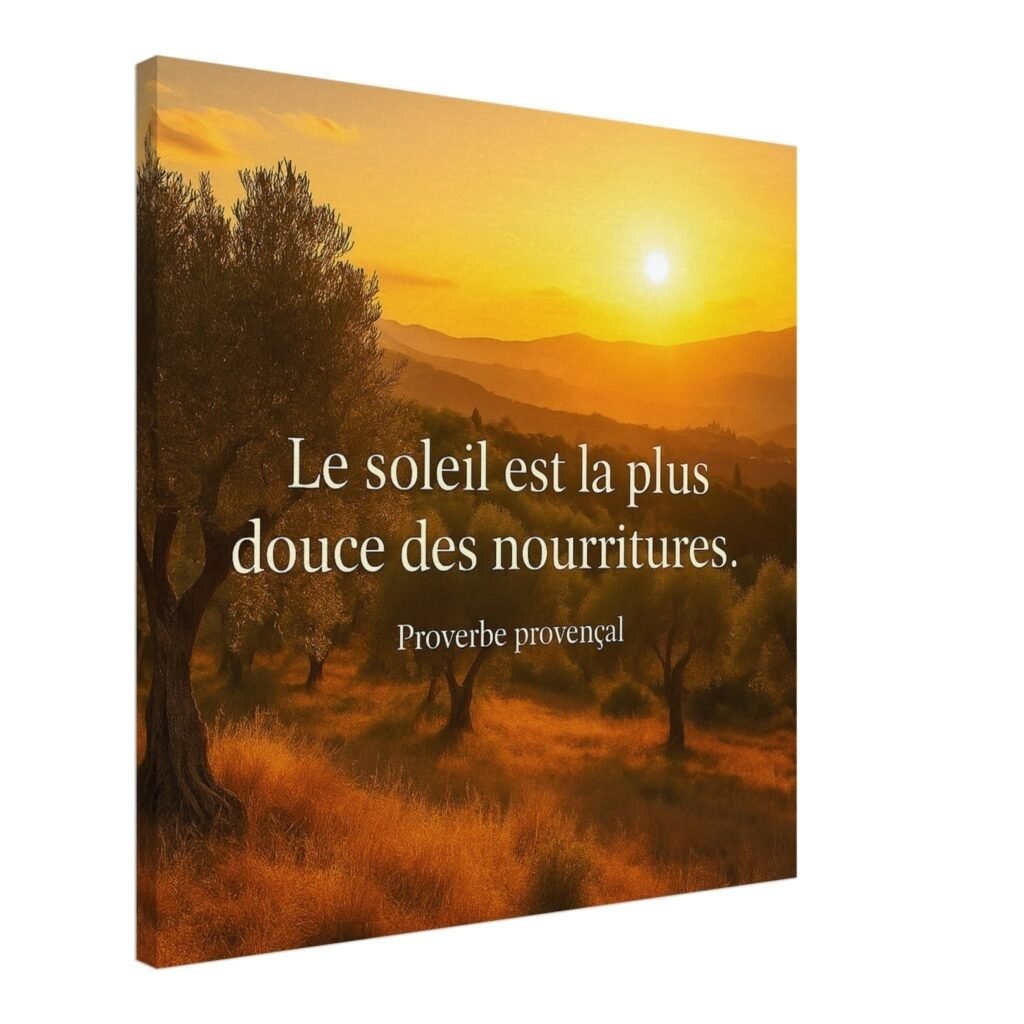 Toile murale paysage provençal avec oliviers au coucher de soleil et citation Le soleil est la plus douce des nourritures, décoration chaleureuse inspiration méditerranéenne