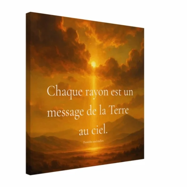 Toile murale Chaque rayon est un message de la Terre au ciel avec paysage céleste doré et citation inspirante amérindienne.