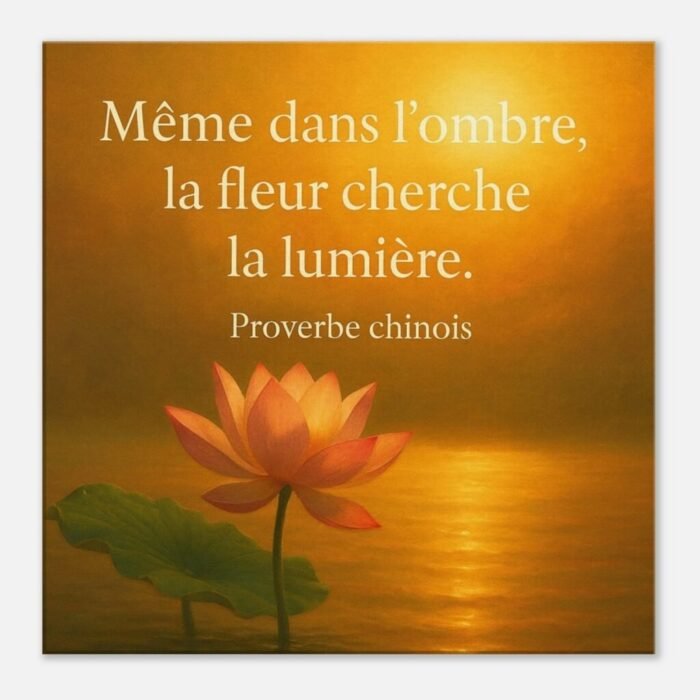 Toile murale lotus au coucher du soleil avec le proverbe chinois Même dans l’ombre, la fleur cherche la lumière