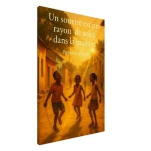 Tableau citation “Un sourire est un rayon de soleil” – proverbe africain, scène joyeuse d’enfants au soleil.
