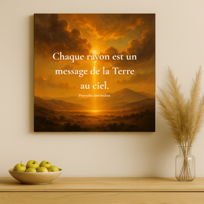Toile murale Chaque rayon est un message de la Terre au ciel accrochée dans un intérieur chaleureux avec décoration naturelle et lumière douce dorée