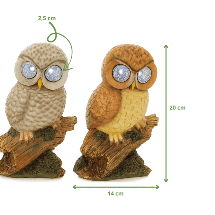 Dimensions des hiboux solaires LED en résine, hauteur 20 cm, largeur 14 cm, diamètre des yeux lumineux 2,5 cm