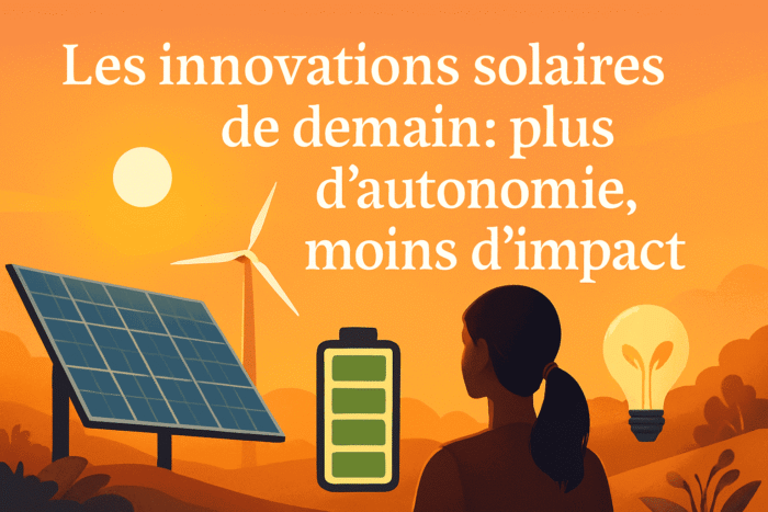 Illustration solaire montrant des innovations renouvelables avec panneaux solaires, éolienne, batterie autonome et lumière douce du soleil au coucher
