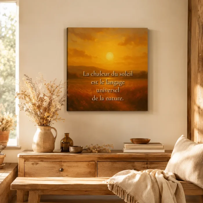 Toile murale « La chaleur du soleil est le langage universel de la nature » dans salon lumineux — décoration murale chaleureuse, ambiance naturelle apaisante et élégante