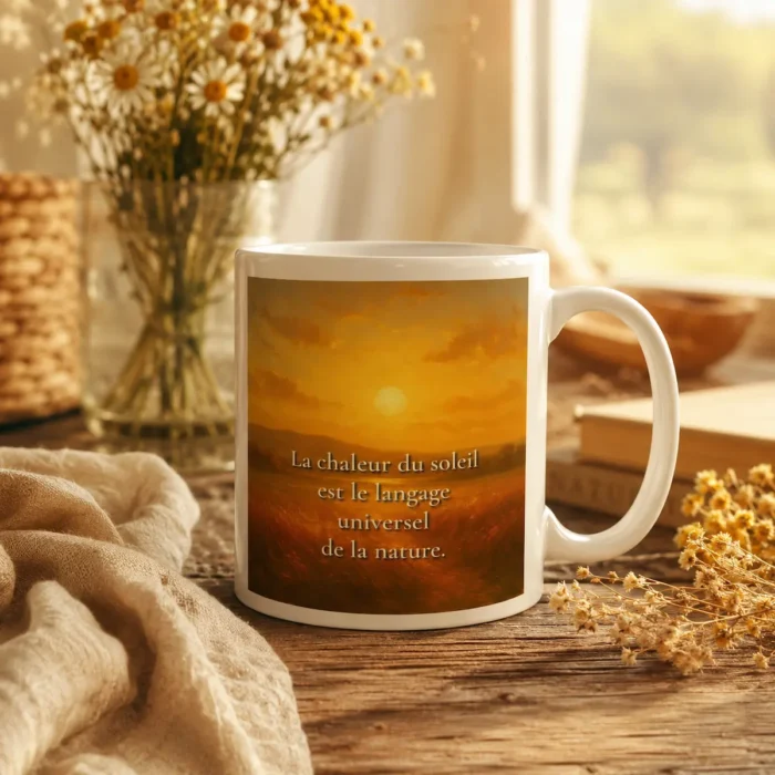 "Mug blanc avec citation « La chaleur du soleil est le langage universel de la nature » dans une mise en scène chaleureuse et bucolique, avec fleurs des champs, bois naturel et lumière dorée."