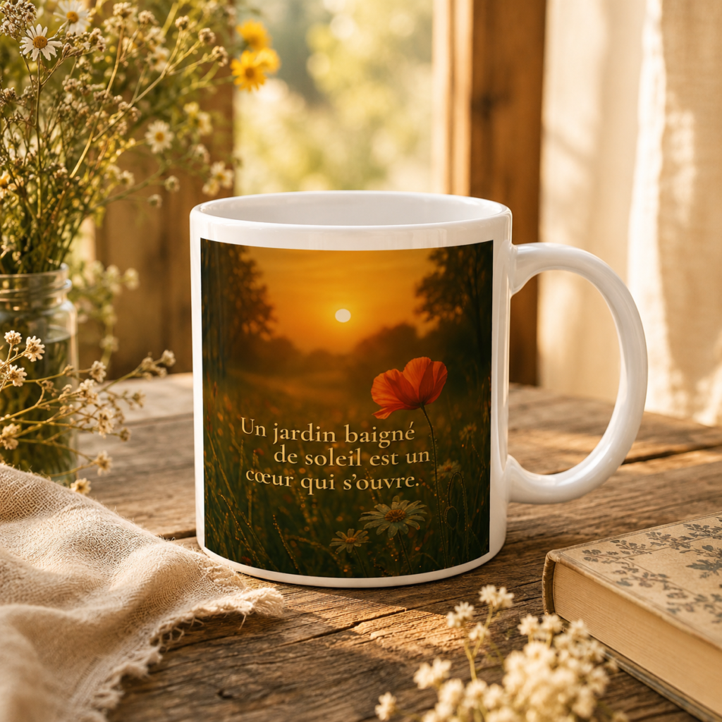 "Mug blanc avec citation « Un jardin baigné de soleil est un cœur qui s’ouvre » dans une mise en scène bucolique et chaleureuse, avec fleurs des champs, livre ancien et lumière dorée."