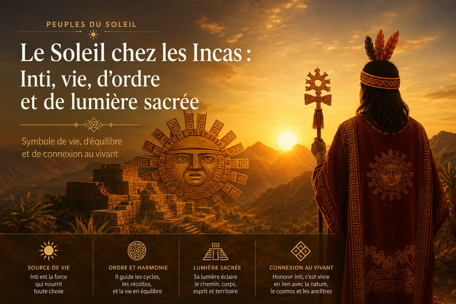 Le Soleil chez les Incas : Inti, dieu du Soleil et source de vie. Illustration spirituelle représentant la lumière sacrée, les montagnes andines, les terrasses incas et la relation entre nature, harmonie et sagesse ancestrale