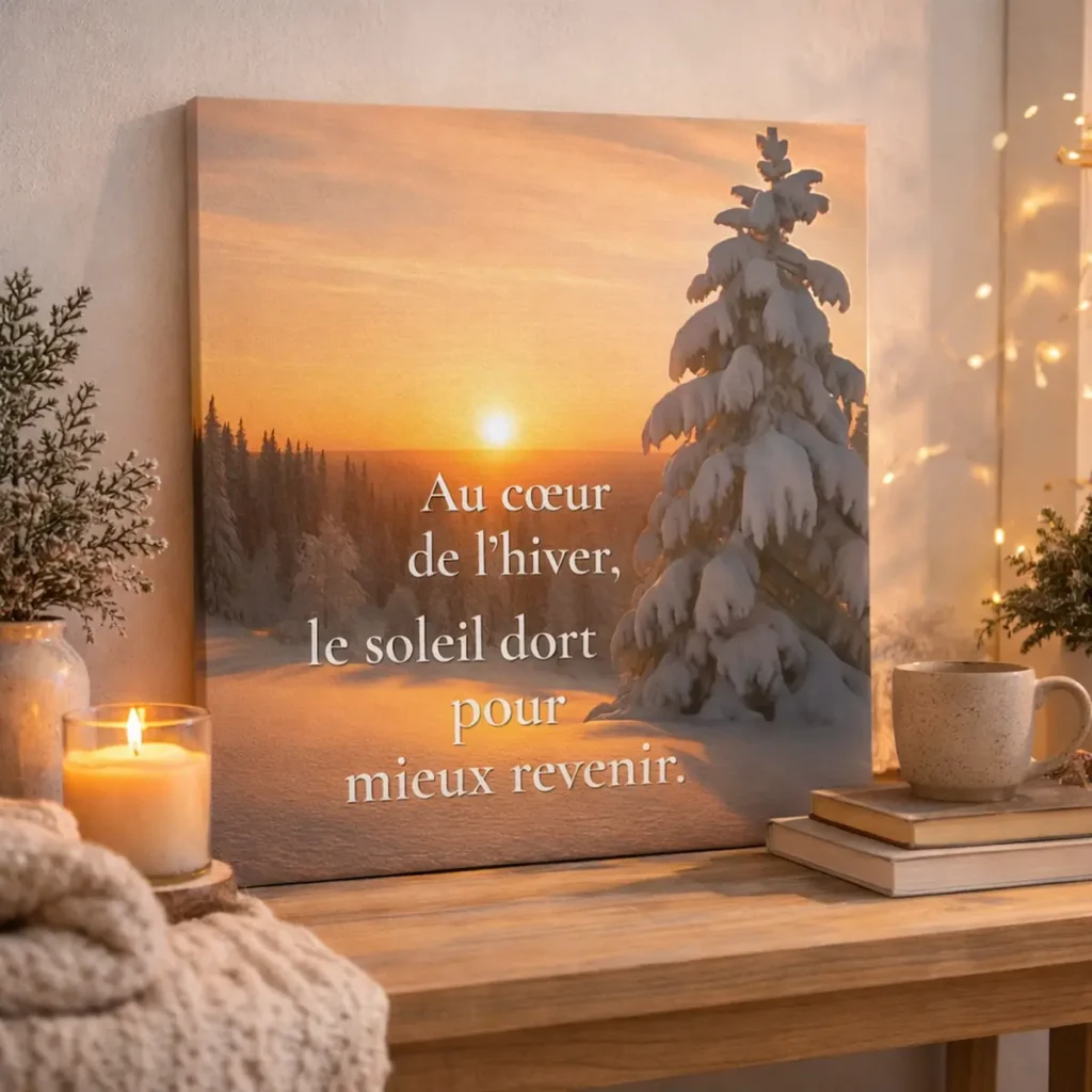 Mise en scène de la toile murale Au cœur de l’hiver, le soleil dort pour mieux revenir dans une ambiance chaleureuse d’hiver