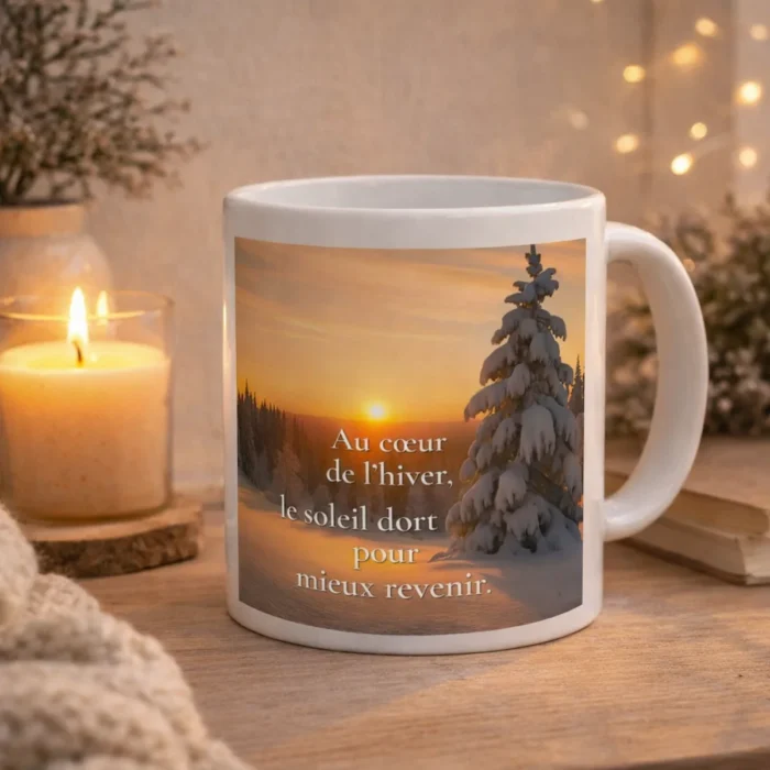 Mise en scène du mug Au cœur de l’hiver, le soleil dort pour mieux revenir dans une ambiance chaleureuse avec bougie et lumière douce