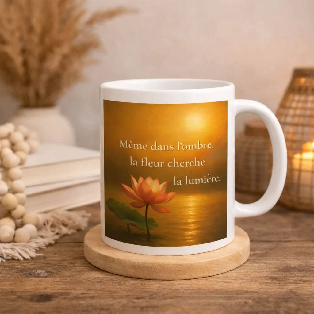 "Mug blanc avec citation « Même dans l’ombre, la fleur cherche la lumière » posé sur un support en bois, dans une ambiance chaleureuse et bohème avec livres, perles décoratives et lumière douce."