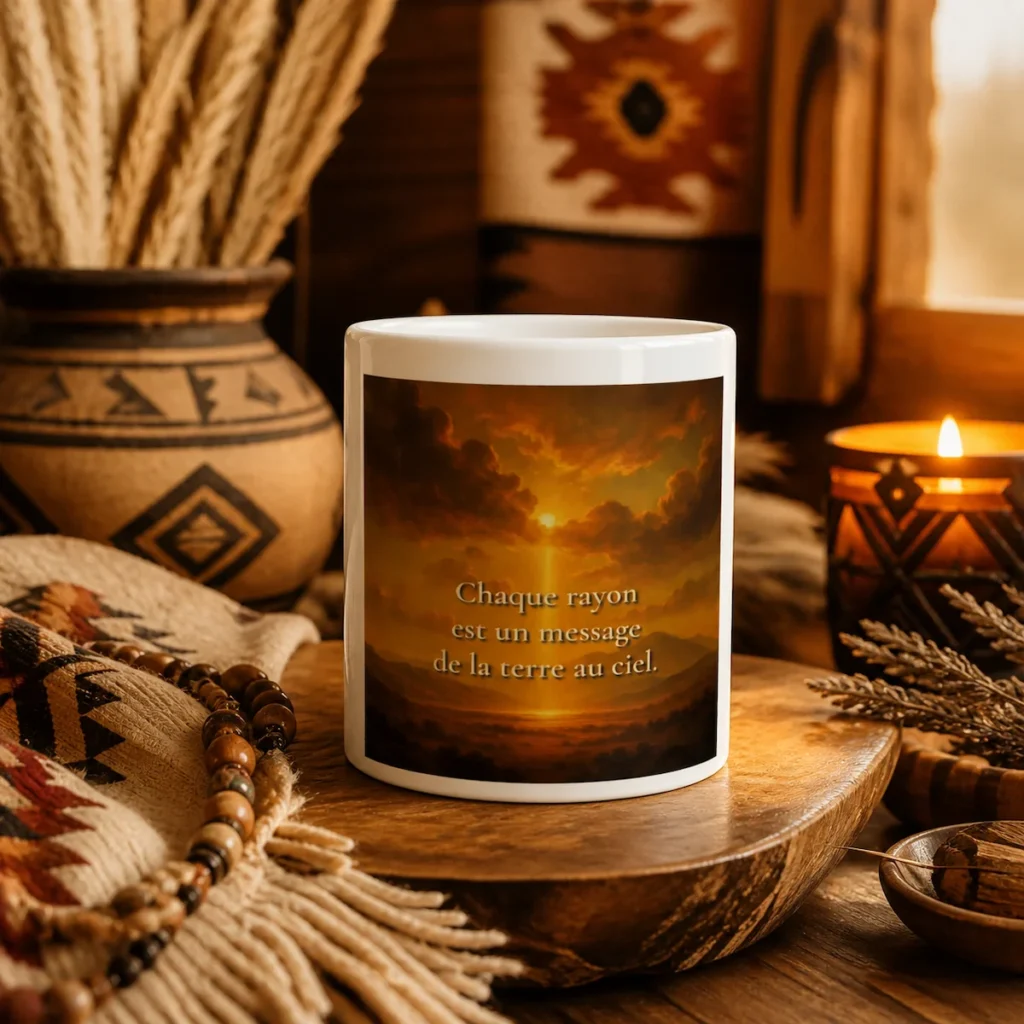 "Mug blanc avec citation « Chaque rayon est un message de la terre au ciel » dans une mise en scène chaleureuse d’inspiration amérindienne, avec motifs tissés, poterie, perles en bois et lumière douce."