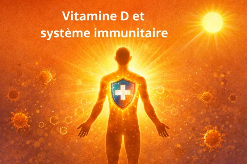 Illustration représentant le lien entre la vitamine D, le soleil et le système immunitaire, avec une silhouette humaine protégée par un bouclier lumineux.