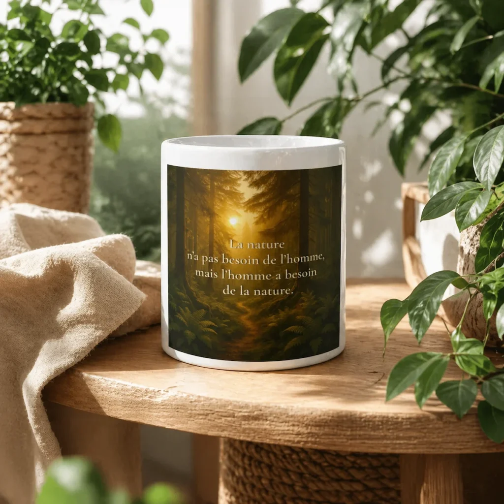 Mug citation “La nature n’a pas besoin de l’homme, mais l’homme a besoin de la nature” dans une mise en scène végétale et organique