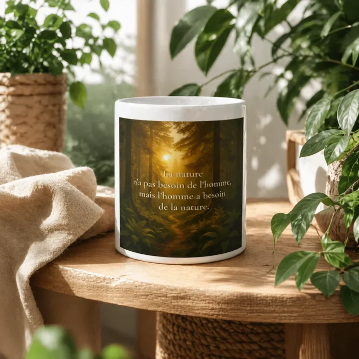 Mug citation “La nature n’a pas besoin de l’homme, mais l’homme a besoin de la nature” dans une mise en scène végétale et organique