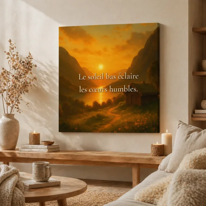 "Toile murale « Le soleil bas éclaire les cœurs humbles » mise en scène dans un intérieur nordique chaleureux et lumineux"
