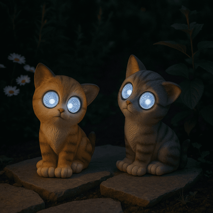 Deux figurines de chat solaires éclairées la nuit, posées sur des pierres dans un jardin, leurs yeux LED illuminant la scène.
