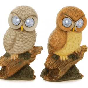 Deux figurines hiboux solaires LED posées sur une branche en résine, avec yeux lumineux intégrés, décoratives pour jardin et extérieur