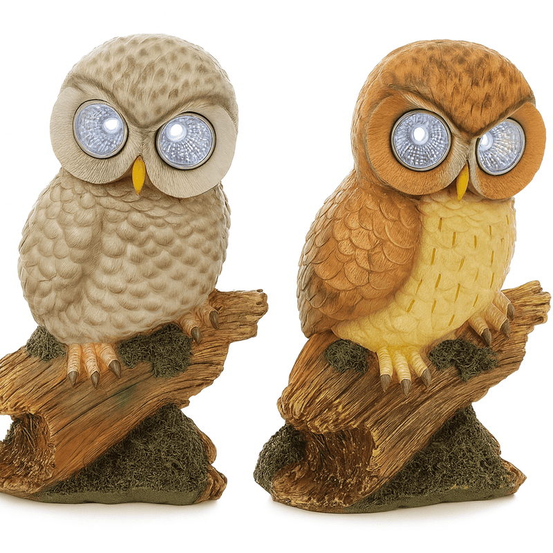 Deux figurines hiboux solaires LED posées sur une branche en résine, avec yeux lumineux intégrés, décoratives pour jardin et extérieur