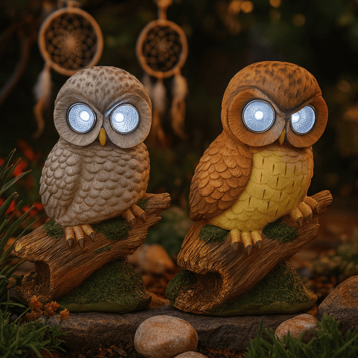Deux hiboux solaires lumineux installés dans un jardin de nuit, éclairage LED automatique créant une ambiance chaleureuse et poétique