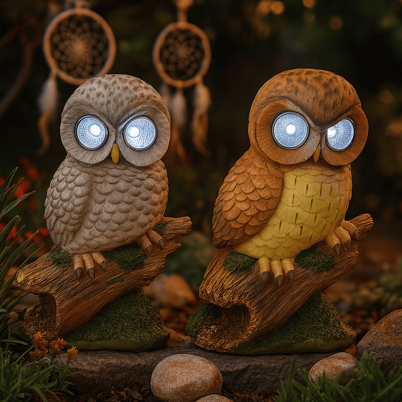 Deux hiboux solaires lumineux installés dans un jardin de nuit, éclairage LED automatique créant une ambiance chaleureuse et poétique