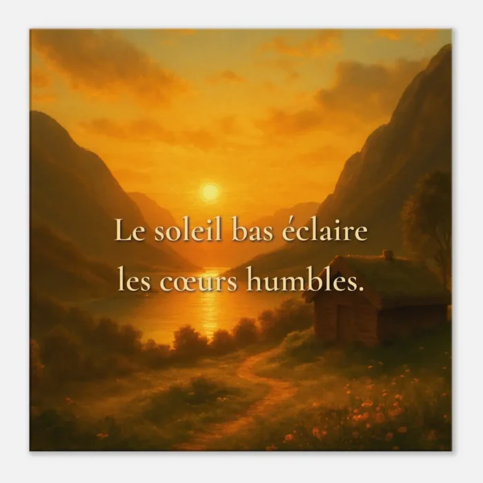 "Toile murale Le soleil bas éclaire les cœurs humbles vue de face avec paysage norvégien doré, lac entre montagnes, cottage et lumière chaude du soir"