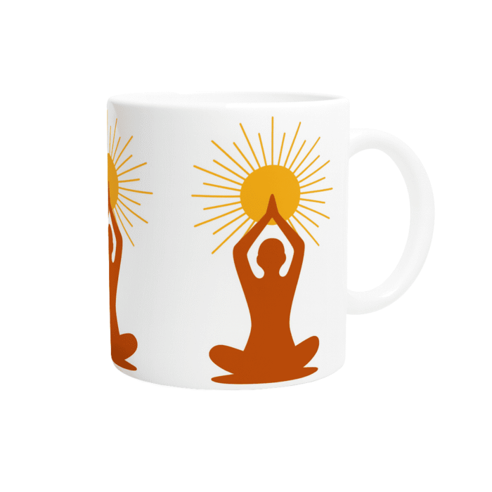 alt="Mug Méditation Solaire avec motif yoga et soleil, tasse bien-être en céramique compatible micro-ondes – Solaire Universel"