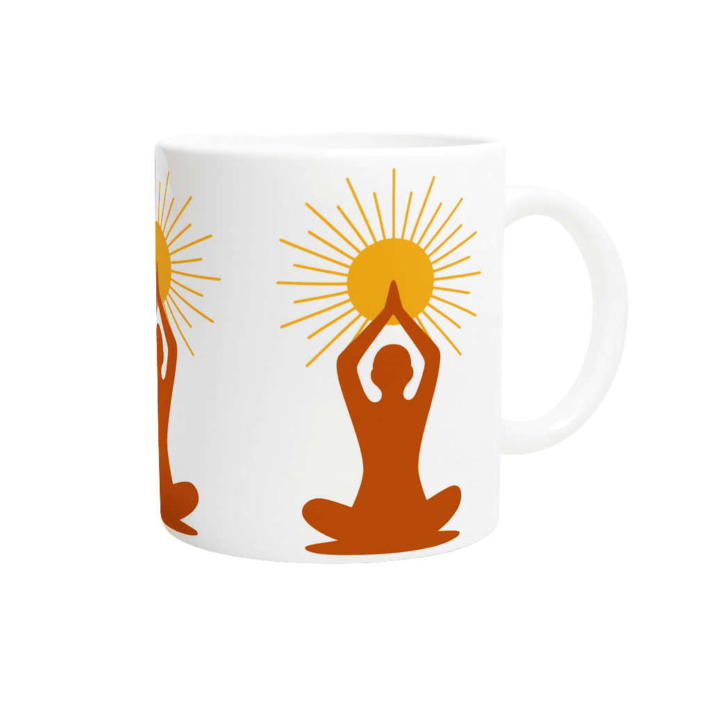 alt="Mug Méditation Solaire avec motif yoga et soleil, tasse bien-être en céramique compatible micro-ondes – Solaire Universel"