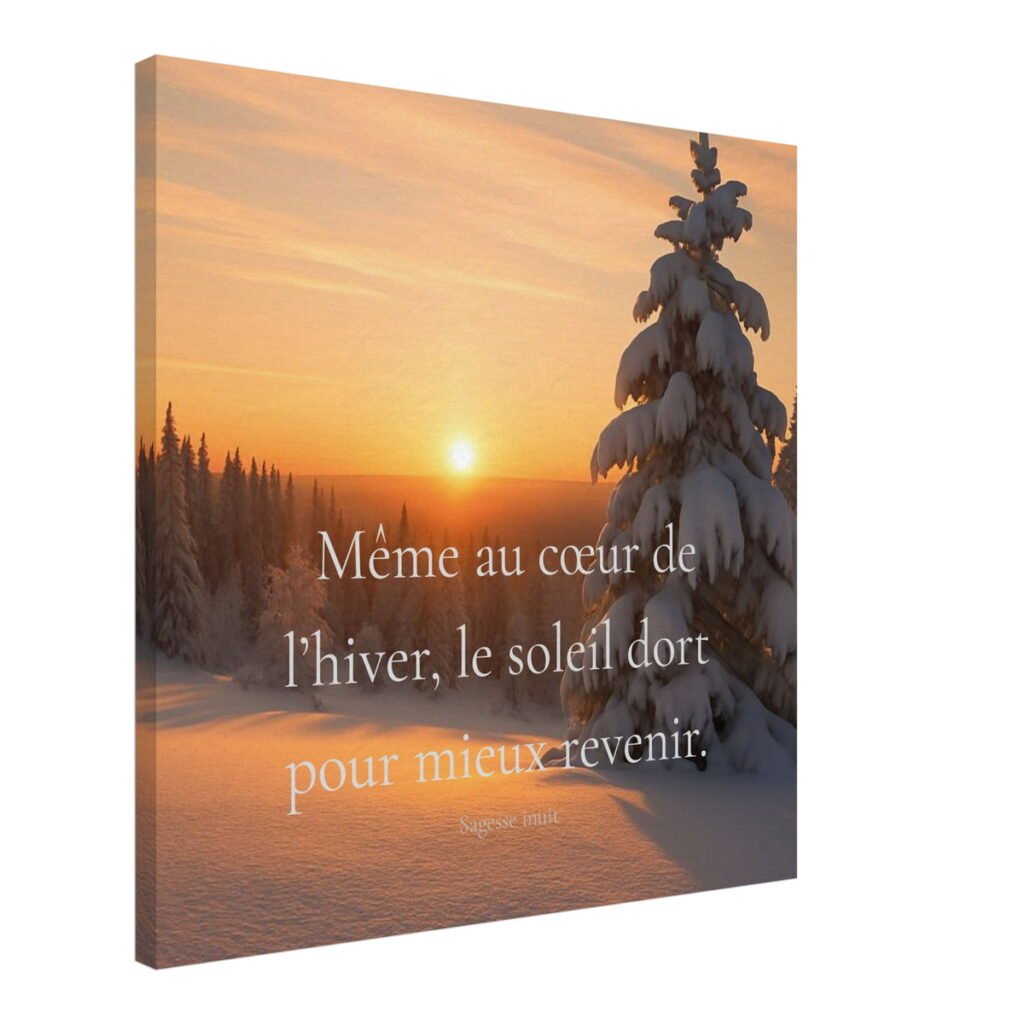 Toile murale avec citation “Même au cœur de l’hiver, le soleil dort pour mieux revenir”, illustration d’un paysage enneigé au lever du soleil, art mural inspirant et lumineux.