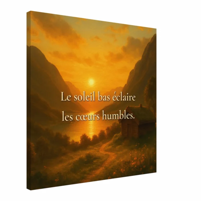 "Toile murale Le soleil bas éclaire les cœurs humbles vue en angle avec paysage chaleureux, vallée entre montagnes, lac lumineux et cottage au coucher du soleil"