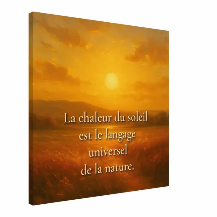 Toile murale « La chaleur du soleil est le langage universel de la nature » — vue en angle avec châssis — décoration murale lumineuse et chaleureuse