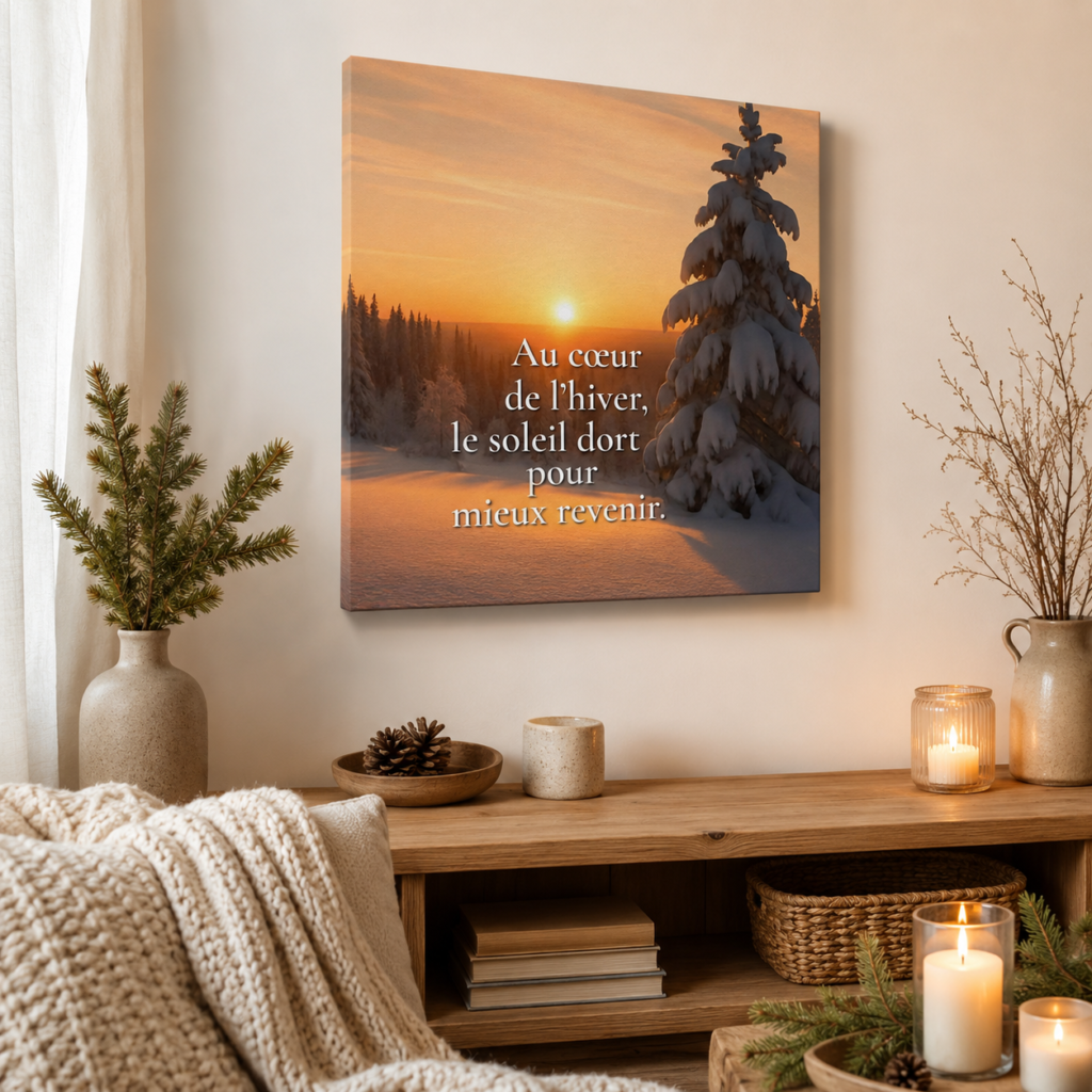 "Toile murale hivernale « Au cœur de l’hiver, le soleil dort pour mieux revenir » dans une mise en scène chaleureuse et apaisante avec décoration cocooning."