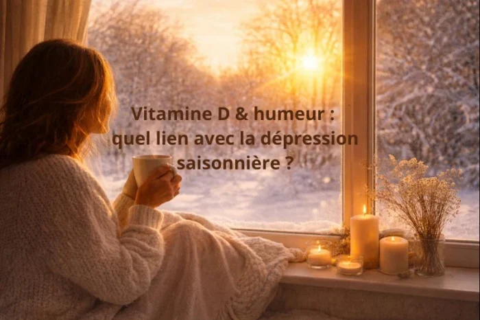 Femme assise près d’une fenêtre en hiver, tenant une tasse chaude, exposée à la lumière du soleil, illustrant le lien entre vitamine D, humeur et dépression saisonnière.