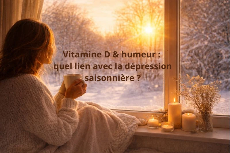 Femme assise près d’une fenêtre en hiver, tenant une tasse chaude, exposée à la lumière du soleil, illustrant le lien entre vitamine D, humeur et dépression saisonnière.