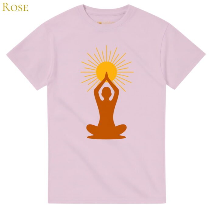 T-shirt couleur rose avec illustration silhouette méditative et soleil rayonnant – Solaire Universel Création
