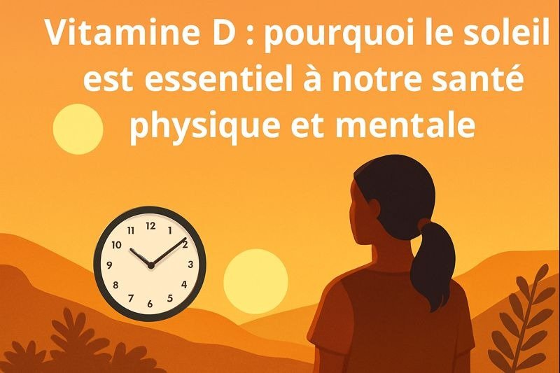 Illustration de la vitamine D et du rôle du soleil sur la santé physique et mentale, avec lumière du matin et rythme biologique