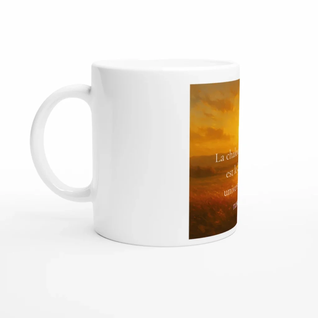 Mug blanc vu de côté avec design solaire partiellement visible, ambiance chaleureuse et spirituelle