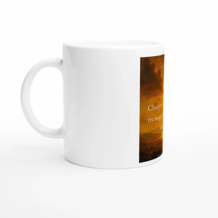 Tasse citation solaire Solaire Universel 325 ml – paysage doré et message spirituel imprimé, vue de côté