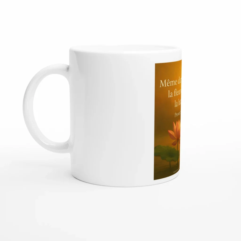 Mug blanc vu de côté avec illustration florale partiellement visible, ambiance douce et lumineuse