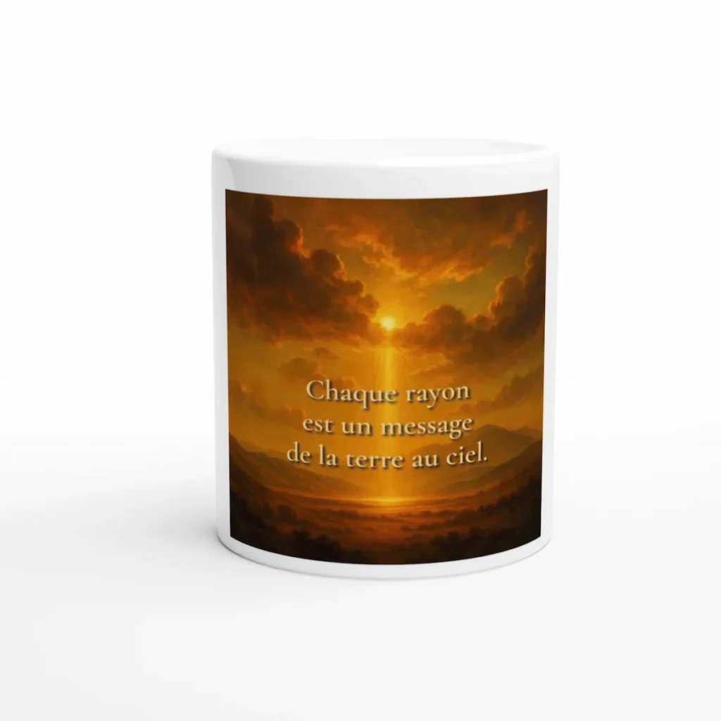 Mug « Chaque rayon est un message de la Terre au ciel » avec illustration d’un paysage lumineux baigné de rayons dorés au coucher du soleil