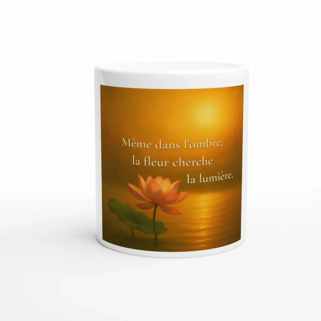"Mug citation Même dans l’ombre, la fleur cherche la lumière vue de face"