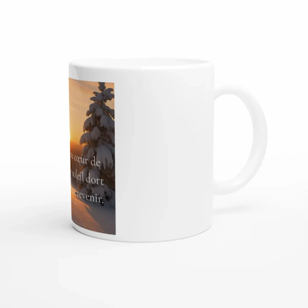 Mug céramique blanc avec citation inspirante sur l’hiver et le soleil – création Solaire Universel