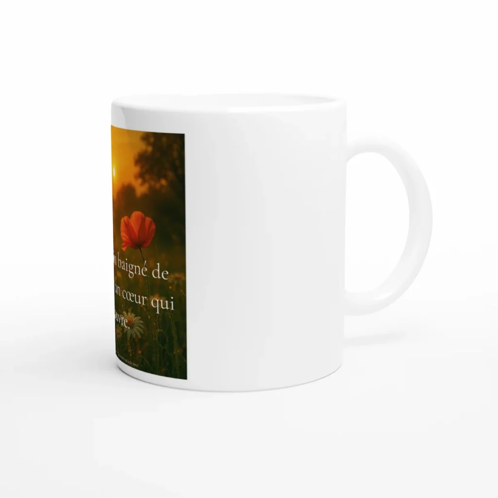 Tasse en céramique blanche Solaire Universel, design nature au coucher de soleil avec citation bien-être et conscience
