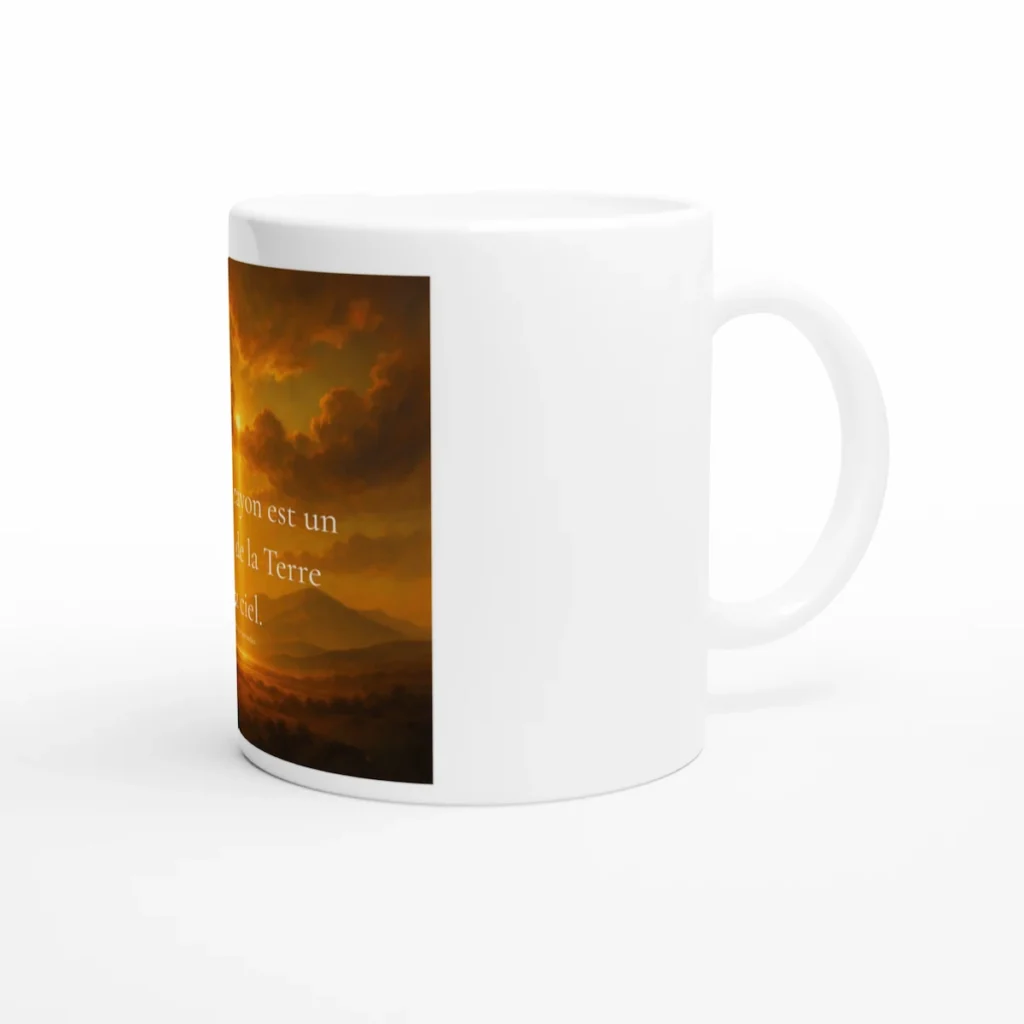 Mug solaire en céramique blanche avec citation Chaque rayon est un message de la Terre au ciel – vue latérale avec anse.