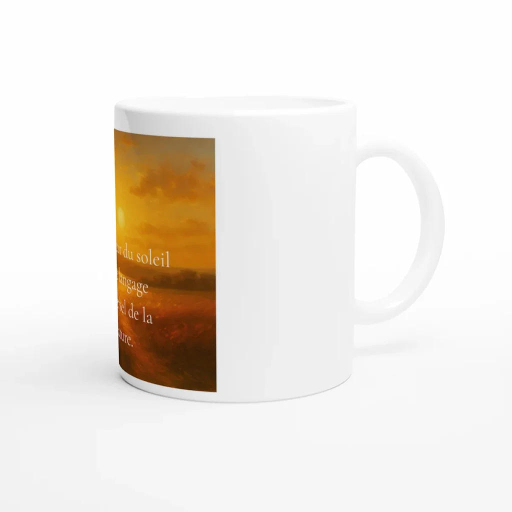 Mug blanc avec anse, impression artistique aux tons dorés représentant un soleil et une citation poétique sur la nature